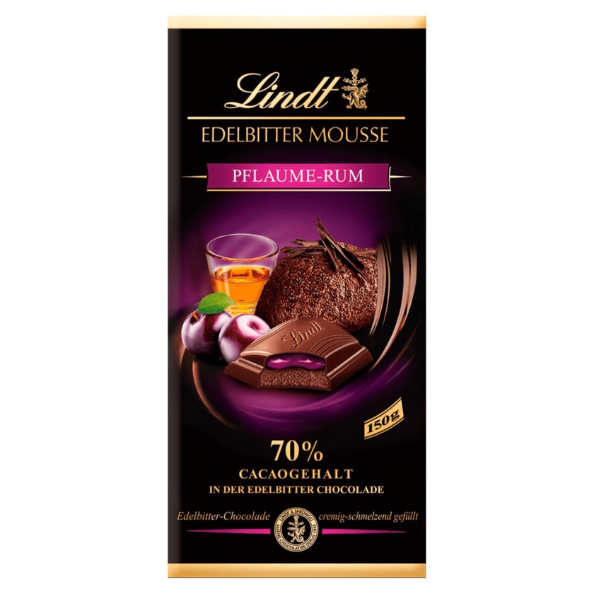 Lindt Schokolade Edelbitter Mousse Pflaume-Rum 70% Cacao 150g